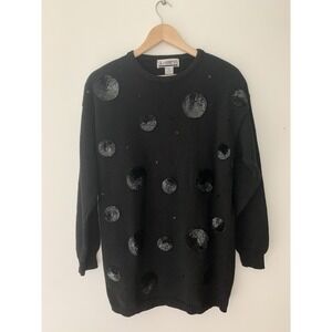 VTG Sk & Company 80s Sweater Black Sequins Shoulder Pads Whimsical Circles Fun
